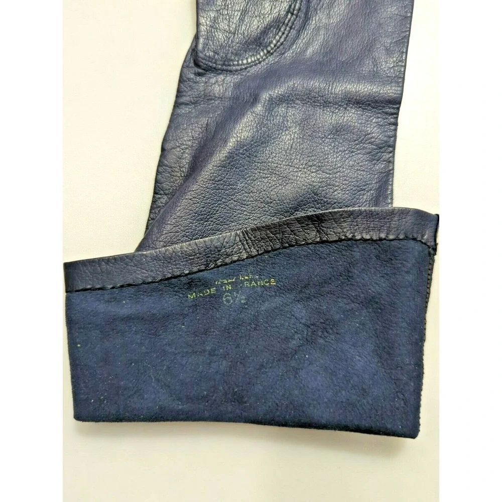 Vintage Made in France‎ Long Leather Gloves Womens Size 6.5 Navy Blue